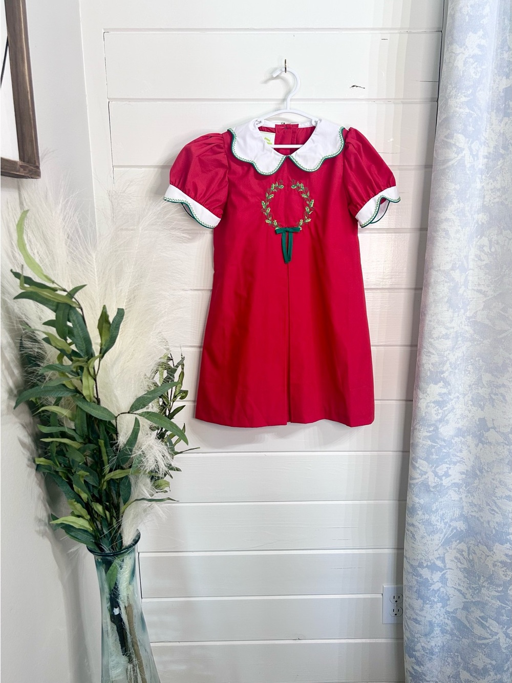 Red Holiday Embroidered Girls Dress with Peter Pan Collar